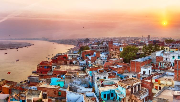 Sunset view over Varanasi during kite festival